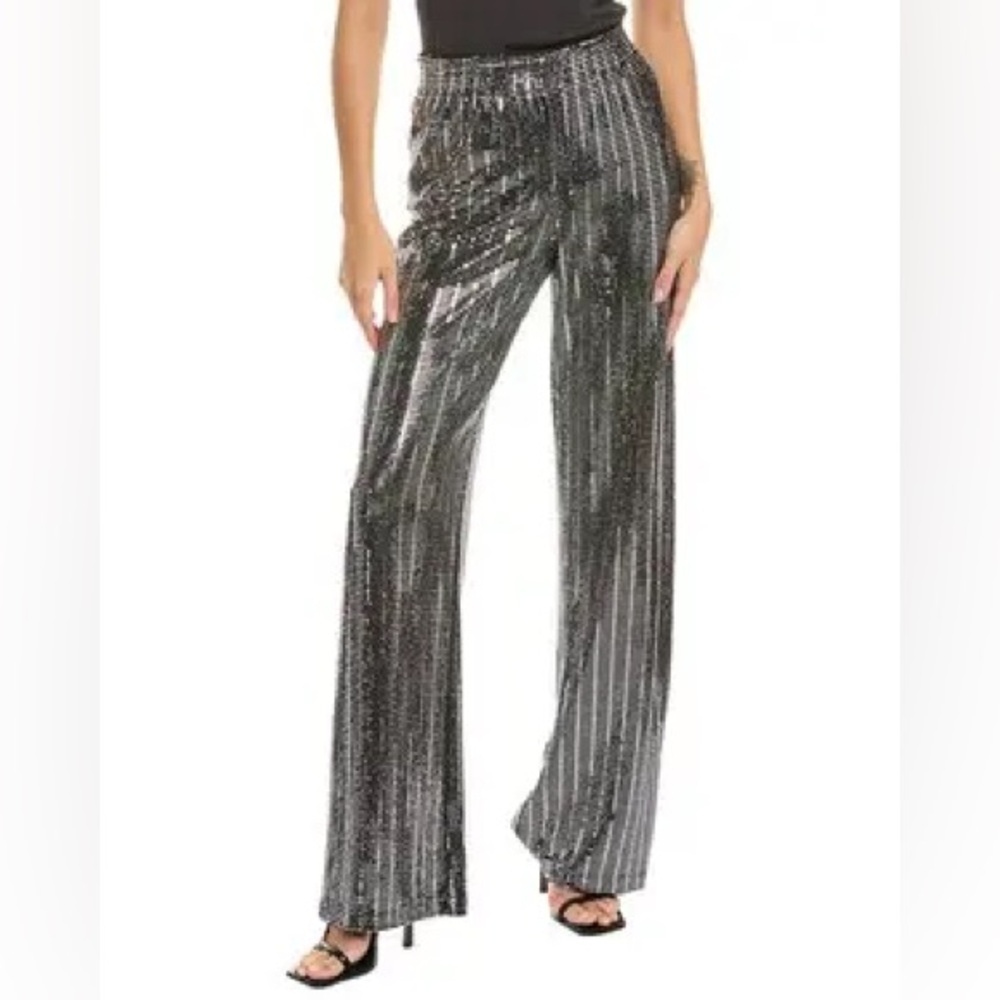 NWOT Alice + Olivia Metallic Silver and Black Sequin Wide Leg Pant Sz XL